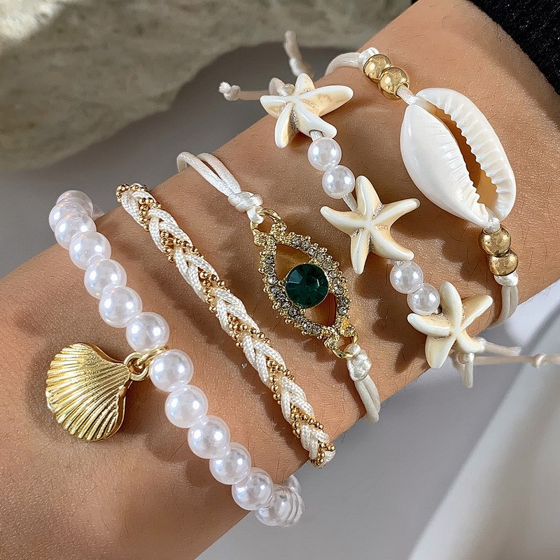 JUSHI 5 ชิ้น Faux Pearls ปลาดาว เปลือกหอย ข้าwlูกปัด Combo ชุดสร้อยข้อมือ ของขวัญ ตาแฟชั่น Party