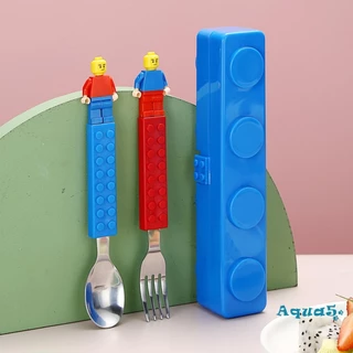 AQQ-เด็กวัยหัดเดินช้อนส้อมชุด Building Blocks Flatware เครื่องครัวแบบพกพา Party Supplies