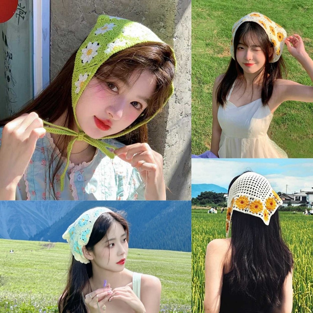 🍉Evelyn🍉ผ้าโพกหัว ลายน่ารัก โดปามีน ผ้าโพกผมไปทะเล ผ้าคาดหัว ถักโครเชต์ แฮนด์เมด แมทช์ได้หลายสไตล์