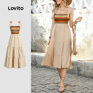 Lovito ชุดเดรสสไตล์โบโฮ ทรงสีบล็อก ตัดเย็บด้วยผ้าลูกไม้ เดรส…