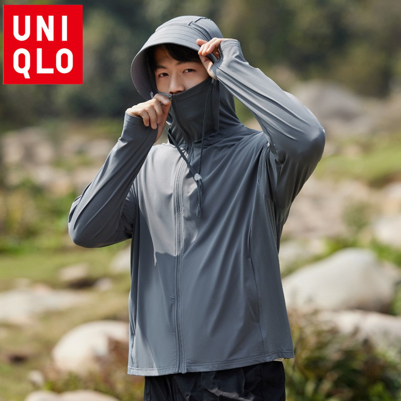 Uniqlo Hooded Long Sleeve Mens Dropped Shoulder Jacket น้ําหนักเบา Breathable UV Blocking Jacket Ath