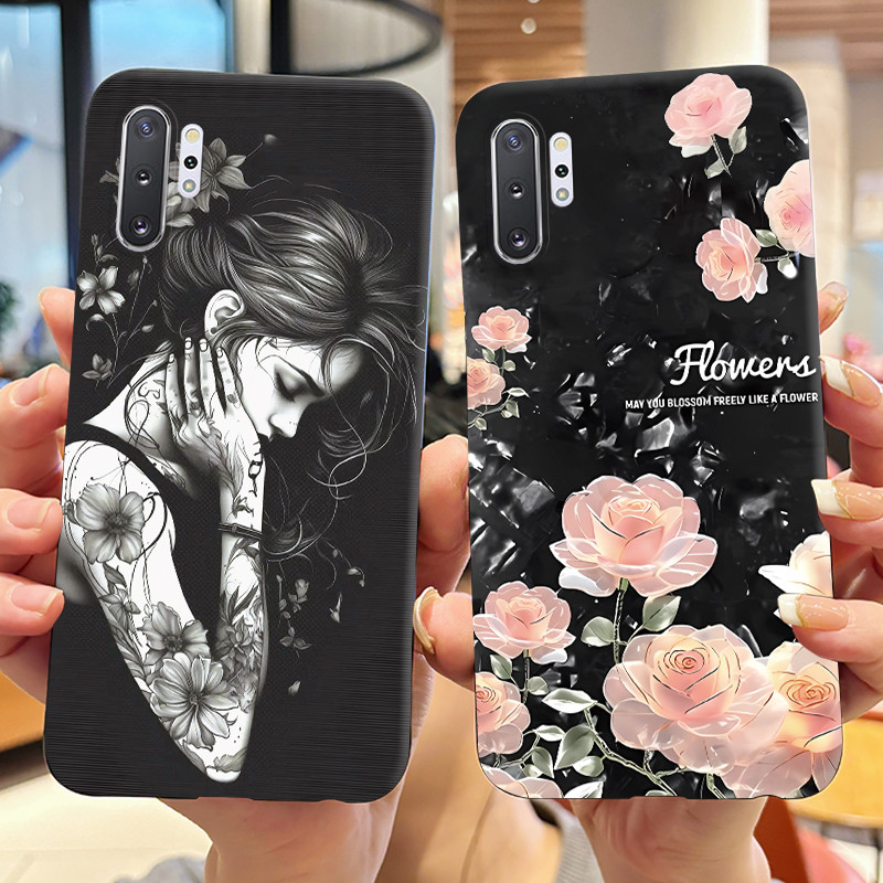 สําหรับ Samsung Galaxy Note 10 Plus เคสซิลิโคนสีดํา TPU ฝาหลัง Samsung Galaxy Note10+ Note10Plus ดอกไม้สาวปลอกอ่อน