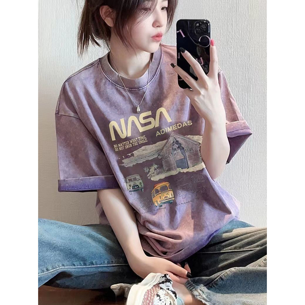 (จัดส่งตลอด 24 ชั่วโมง）Angle Official เสื้อยืดแขนสั้นสีม่วงใหม่ เสื้อผ้าฝ้ายหลวมและใหญ่ยาวปานกลาง