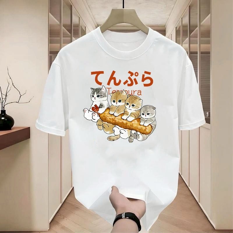 เสื้อยืดแฟชั่นผู้หญิง สกรีนลายแมวน่ารักๆ เสื้อยืดคอกลมแขนสั้น oversize เสื้อแมวสวยๆ โอเววอร์ไซส์คนอ้วน