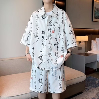 EERSHENSHI โบราณตัวอักษรจีนพิมพ์ผ้าไหมน้ําแข็งเสื้อแขนสั้นผู…