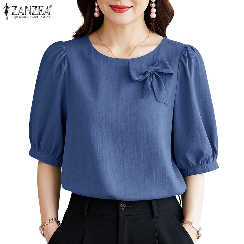 ZANZEA เสื้อเบลาส์คอกลมแขนพัฟแขนกลางหรูหราเกาหลีสําหรับผู้หญิง