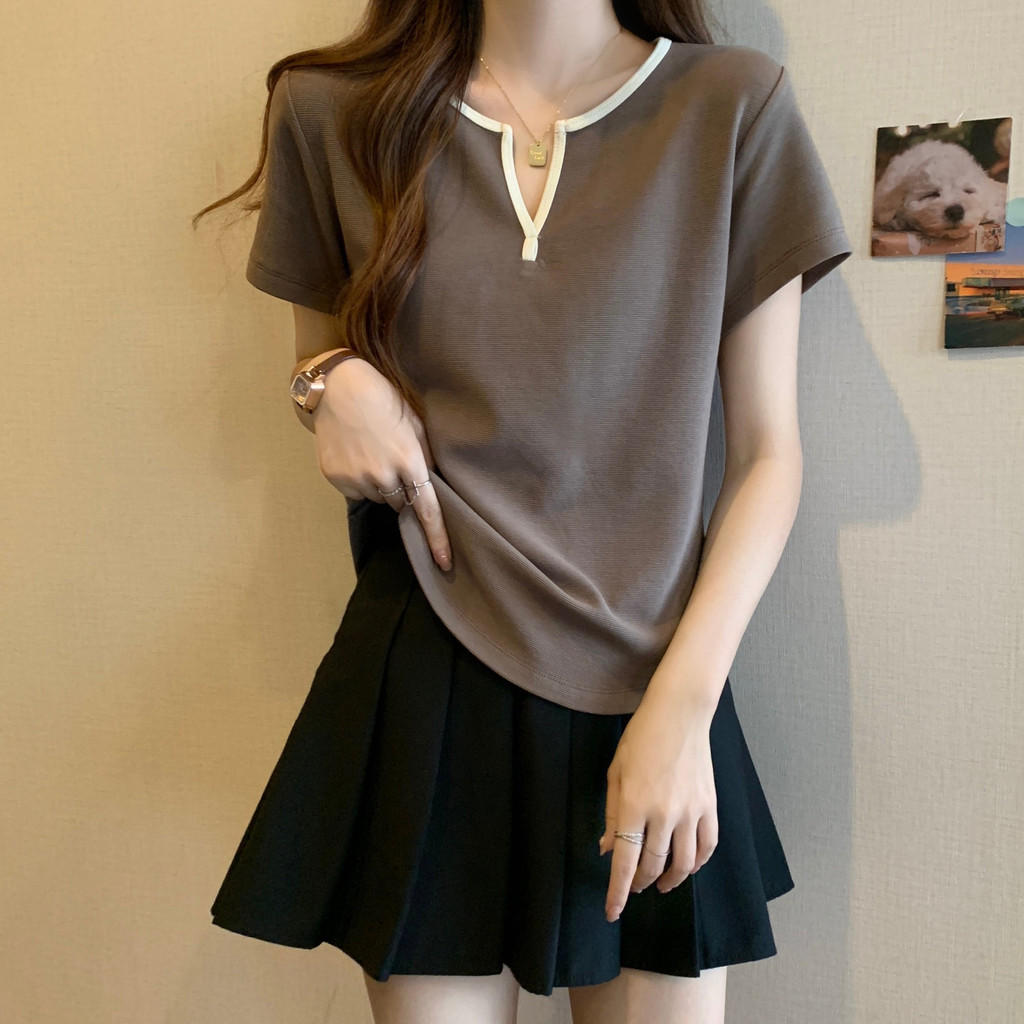 0กก.Plusขนาดเสื้อผ้าผู้หญิงไขมันมม.ครอบคลุมเนื้อVคออายุลดด้านหน้าไหล่แขนสั้นAll-Match Slimmerดูเสื้อ