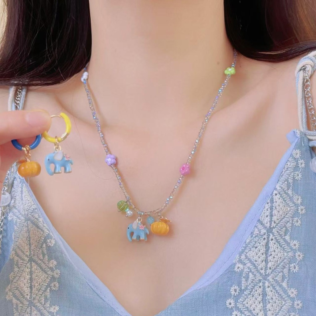 หวานคริสตัลลูกปัดหยดเคลือบโชคดีช้างฟักทองจี้สร้อยคอ