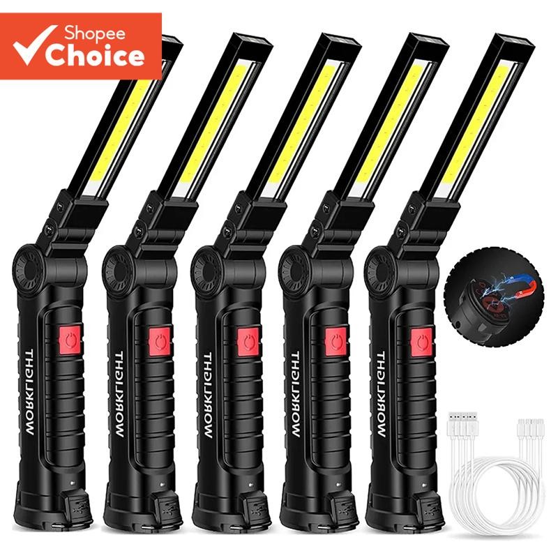 ไฟทํางาน LED แบบชาร์จไฟได้ พร้อมแม่เหล็ก และ 360° ขาตั้งไฟฉาย COB 5 โหมด หมุนได้ สําหรับซ่อมแซมรถยนต์ บ้าน โรงรถ ฉุกเฉิน บาร์บีคิว ตั้งแคมป์