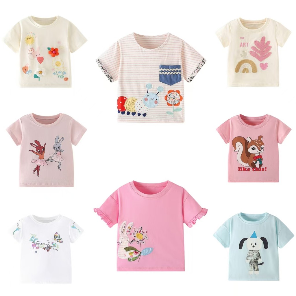 มัลวี เสื้อยืดเด็กผู้หญิงฤดูร้อนสไตล์ใหม่เสื้อคอกลมยุโรปอเมริกันกลางเด็กเล็กแฟชั่นสาวน้อยลําลองด้านบน