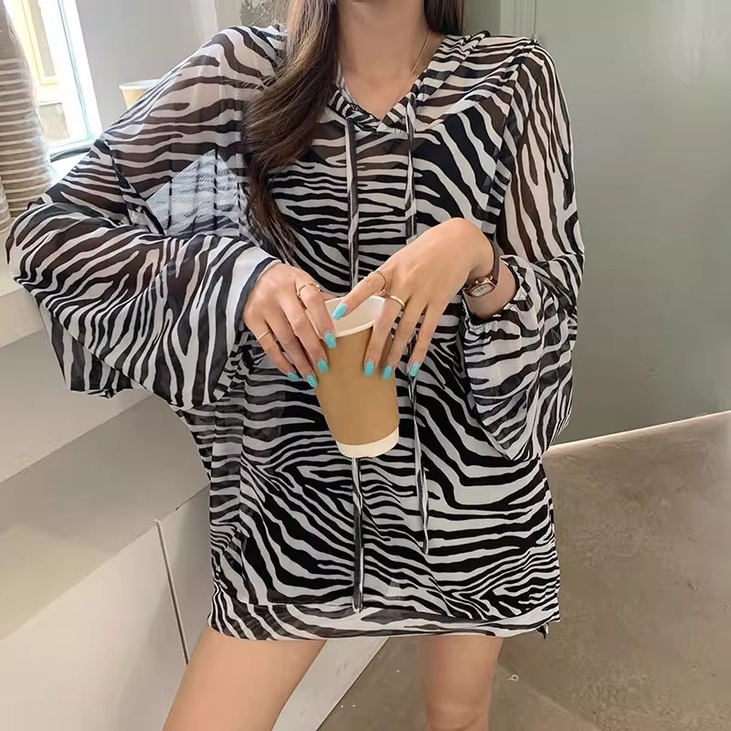 Camouflage Zebra Hoodedฤดูร้อนบางครีมกันแดดเสื้อหลวมBFขี้เกียจHarajukuสไตล์All-Match TopหญิงInsอินเท