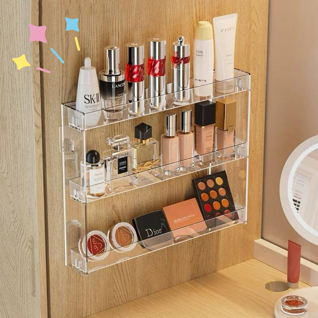 ชั้นวางเครื่องสำอางค์ติดผนัง ชั้นติดผนัง ที่วางของ สีโปร่งใส ไม่เจาะรู รับน้ำหนักดี สำหรับห้องน้ำ/ห้องนอน KKHOME
