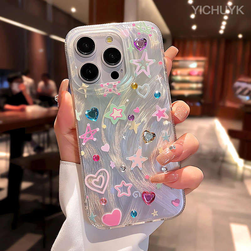 น้ําเพชร Star สําหรับ iPhone 16Pro Max สาว 11 12mini 13Pro Max 14Plus 15Pro XR XS Max 7 8 Plus SE2020 การ์ตูนฝาครอบโทรศัพท์สําหรับ iPhone 16Pro 16Plus นุ่ม YS