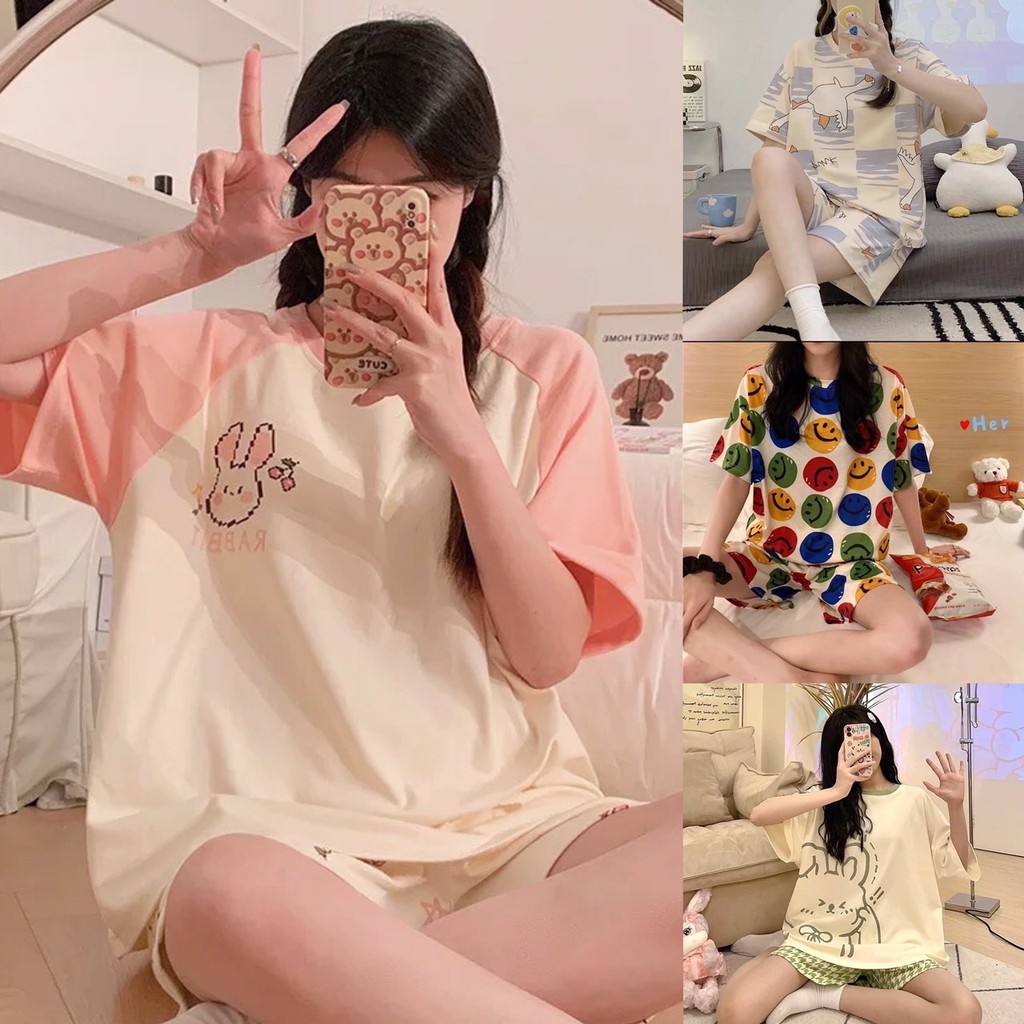 💗 Alva 💗 ชุดนอน คอกลมเสื้อแขนสั้นลายการ์ตูนน่ารักมากๆ ผ้าคอตตอน เนื้อผ้านิ่ม ใส่สบาย ฟรีไซส์ #6004