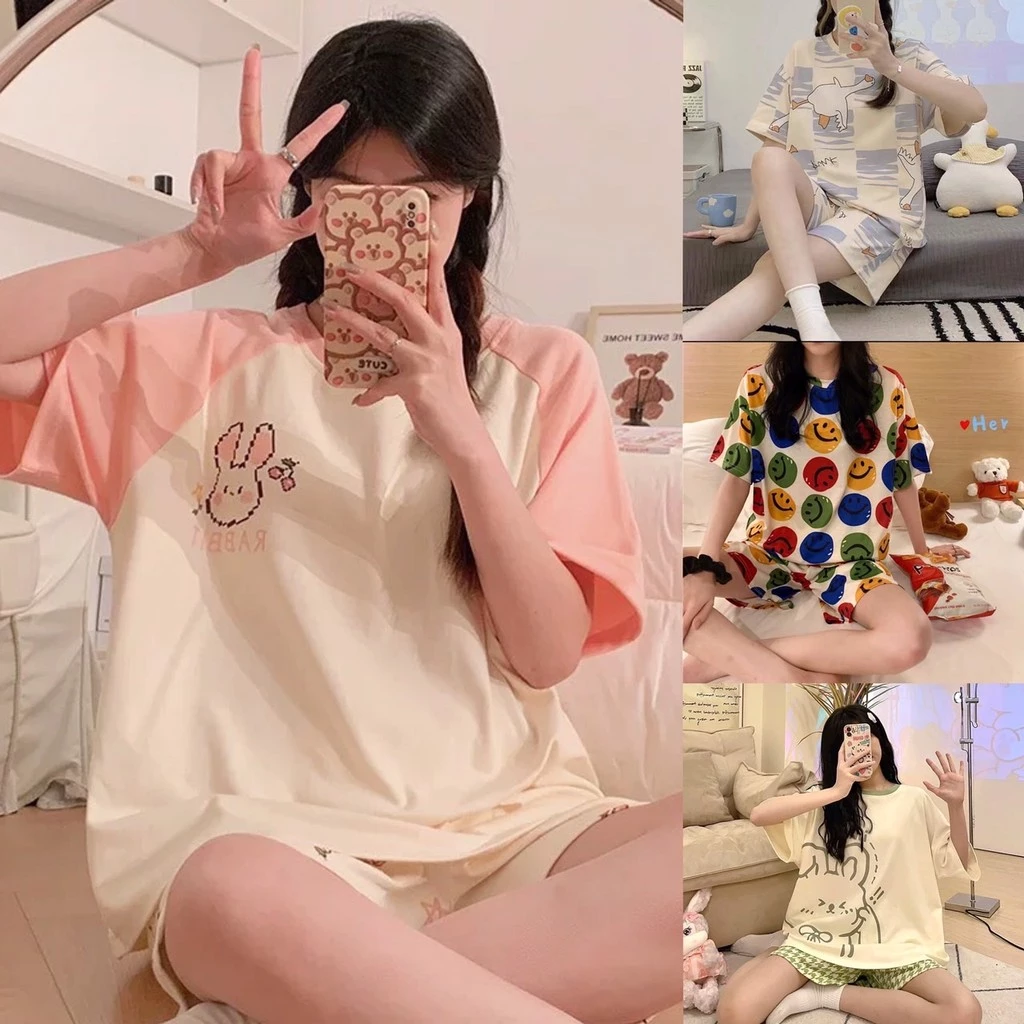 💗 Alva 💗 ชุดนอน คอกลมเสื้อแขนสั้นลายการ์ตูนน่ารักมากๆ ผ้าคอตตอน เนื้อผ้านิ่ม ใส่สบาย ฟรีไซส์ #6004