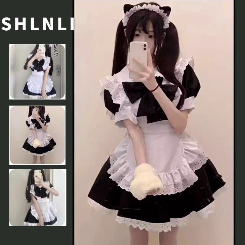 ฤดูร้อนหวานน่ารักคอสเพลย์แม่บ้านชุดโบว์สําหรับผู้หญิงญี่ปุ่นคอกลมแขนสั้นเอวกระโปรงสั้นบาง