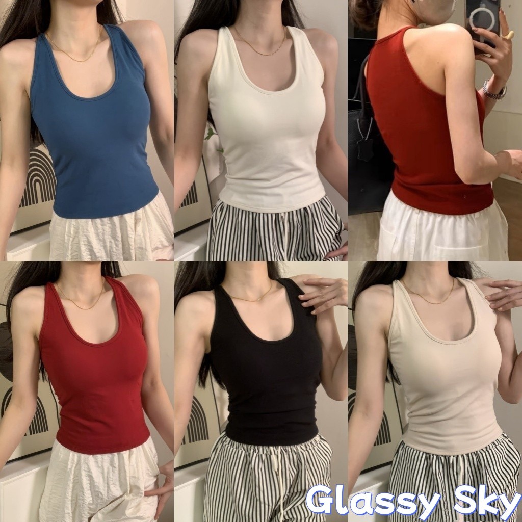 Glassy Sky💖พร้อมส่ง💖TOP เสื้อกล้าม แขนกุด คอกลม มีหลายสีให้เลือก มีฟองน้ำ เสื้อกล้ามสีพื้น  สีพื้นยืดกำลังดี(FY298)