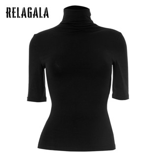 RELAGALA Womens 2025 เสื้อยืดแฟชั่นเรียบง่ายลําลองสีทึบใหม่