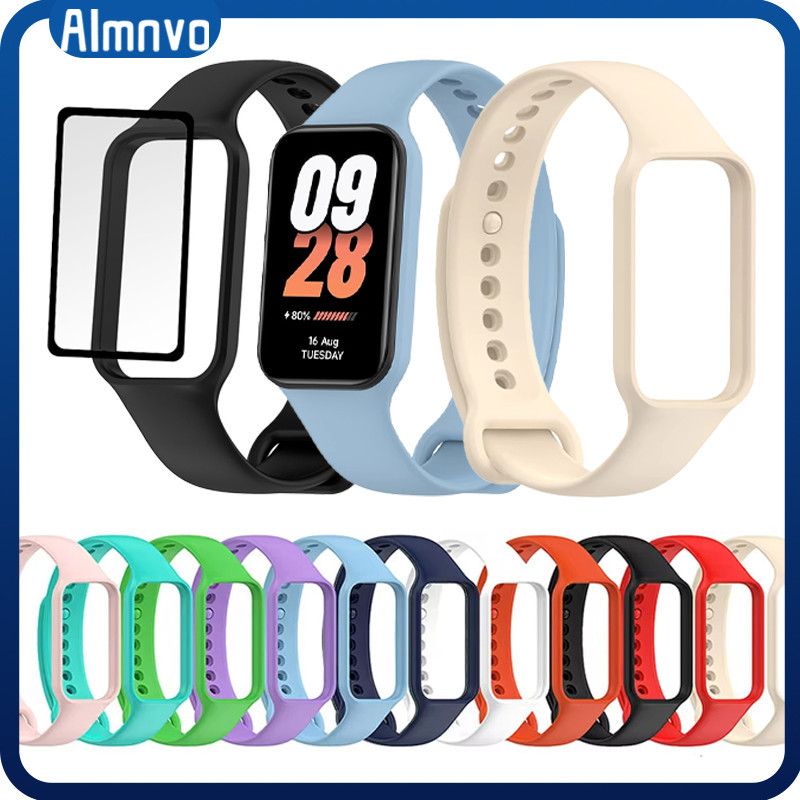 สายรัดกรณีซิลิโคนฟิล์มแก้วนิรภัย for Xiaomi Smart Band 8 Active/Redmi Band 2 แทนยางแถบป้องกันหน้าจอ for MiBand 8 Active