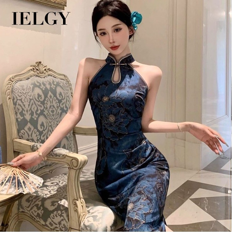 IELGY ใหม่ สไตล์จีนหรูหราย้อนยุค พิมพ์กรีดปรับปรุง ชุดกี่เพ้าสำหรับผู้หญิง