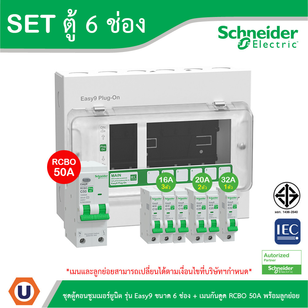 Schneider ชุดตู้คอนชูมเมอร์ยูนิต รุ่น Easy9 Plug-On ขนาด 6 ช่อง+เมนกันดูด RCBO 1P+N 50A พร้อมลูกย่อย