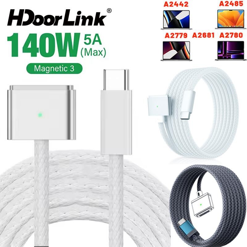 HdoorLink PD140W Fast สายชาร์จ Type-C ถึง Magnetic3 Max Power ปลั๊กแม่เหล็กอะแดปเตอร์ใช้งานร่วมกับ USB สําหรับ Mac Air/Pro2 2M