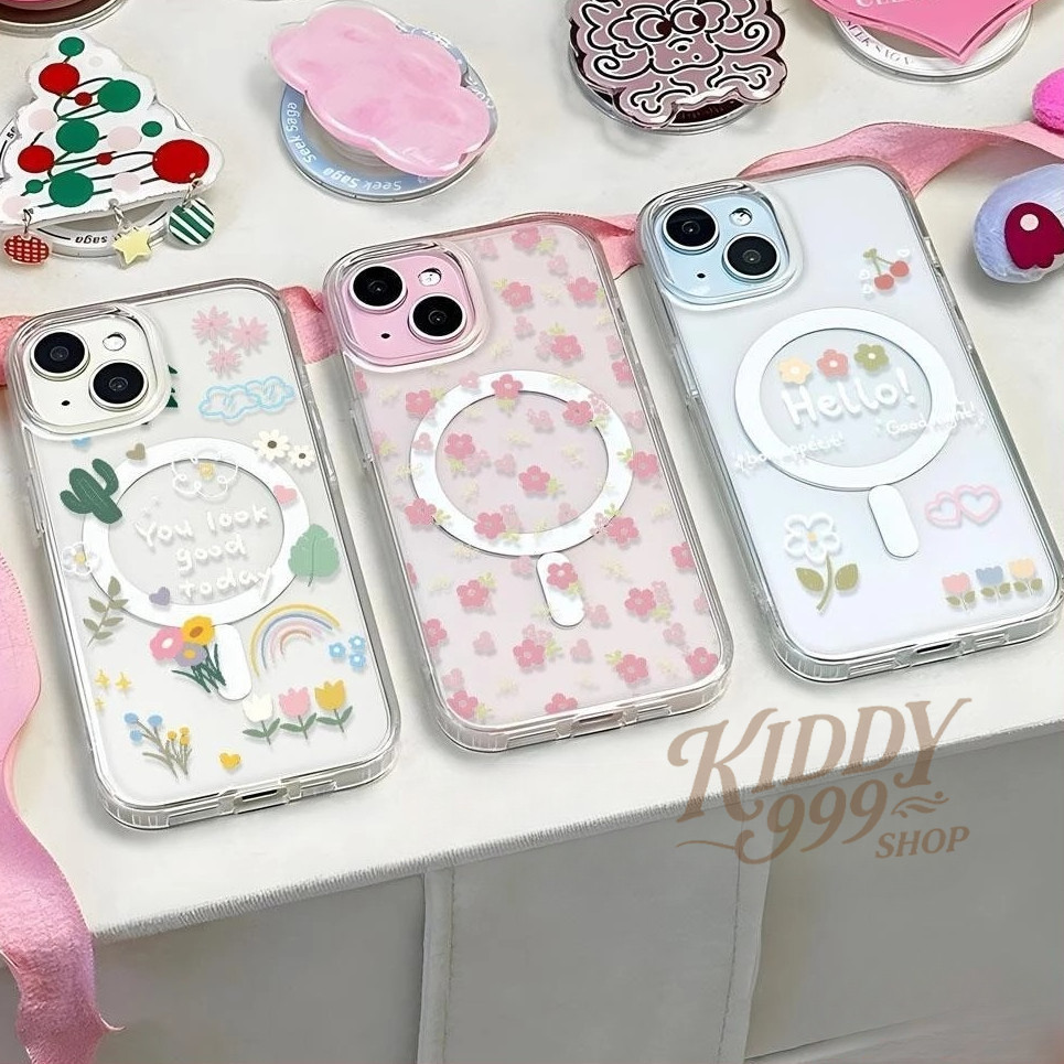 สำหรับ iPhone 16 PRO MAX เคส iPhone 11 เสริมสร้างแม่เหล็กอะคริลิคใสกระดานแข็ง TPU กรอบนุ่มกันกระแทก ดอกไม้ iP14 13 12 15