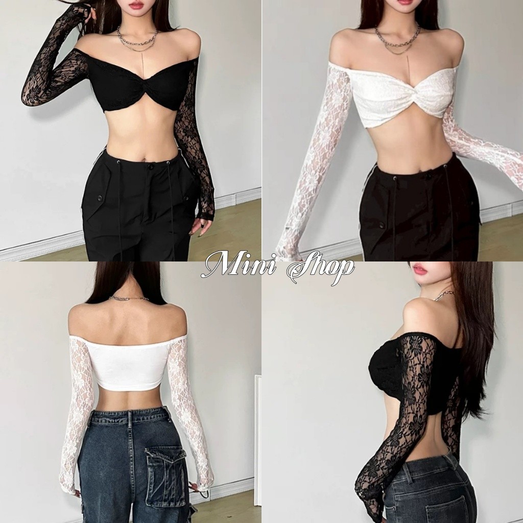Mini shop🌸พร้อมส่ง🌸(FY2832) เสื้อแขนยาว เรโทร เปิดไหล่ ลูกไม้เซ็กซี่ไม่ไหว