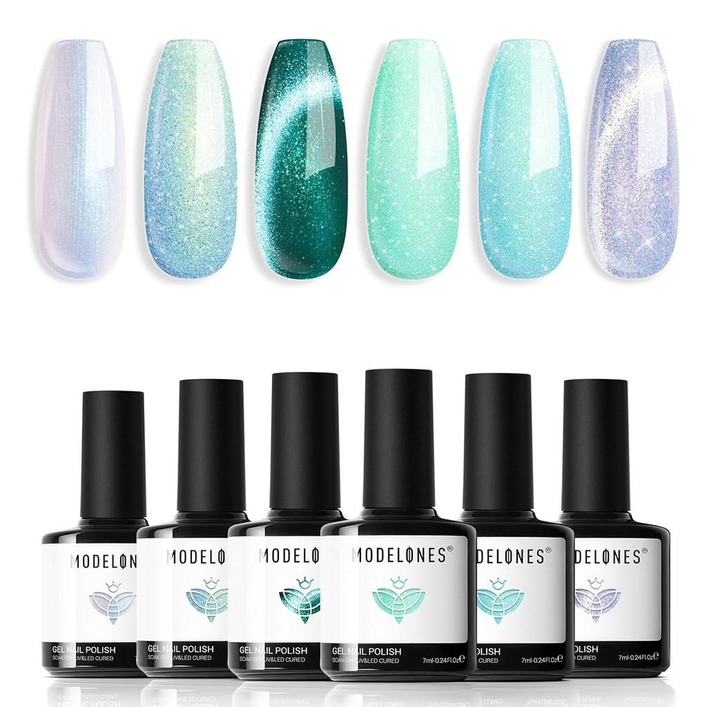 Modelones เจล เนล พอลิช เซ็ต 6 สี สีเขียว ตาแมว เจล เนล พอลิช สีขาวกลิทเตอร์ สีมินท์เขียว แจด เมอร์เมด พาสเทล ชิมเมอร์