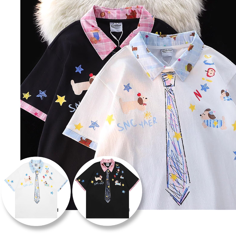 PannoFluxus ใหม่สไตล์เสื้อโปโลแขนสั้นแฟชั่นเกาหลีลายดอกไม้กราฟฟิตีออกแบบที่มีคุณภาพสูงสไตล์เป็นกลาง