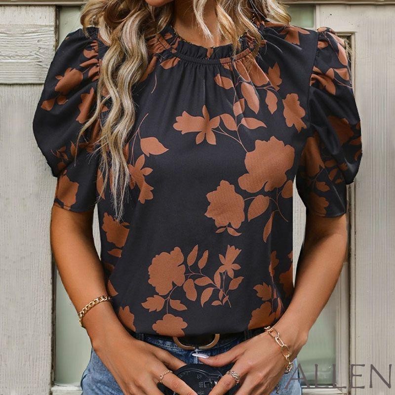ALLEN-เสื้อพิมพ์ลายดอกไม้แขนสั้นคอกลomsลิมฟิตสำหรับฤดูร้อนและใบไม้ผลิ