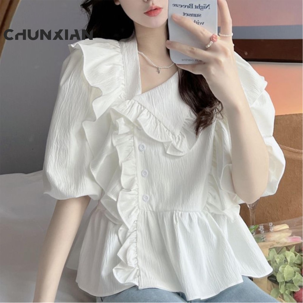 เสื้อเชิ้ตผู้หญิงแขนสั้น เสื้อสาวอวบ คอตุ๊กตา ไซส์ใหญ่ สไตล์ฝรั่งเศส เสื้อแฟชั่นผู้หญิง