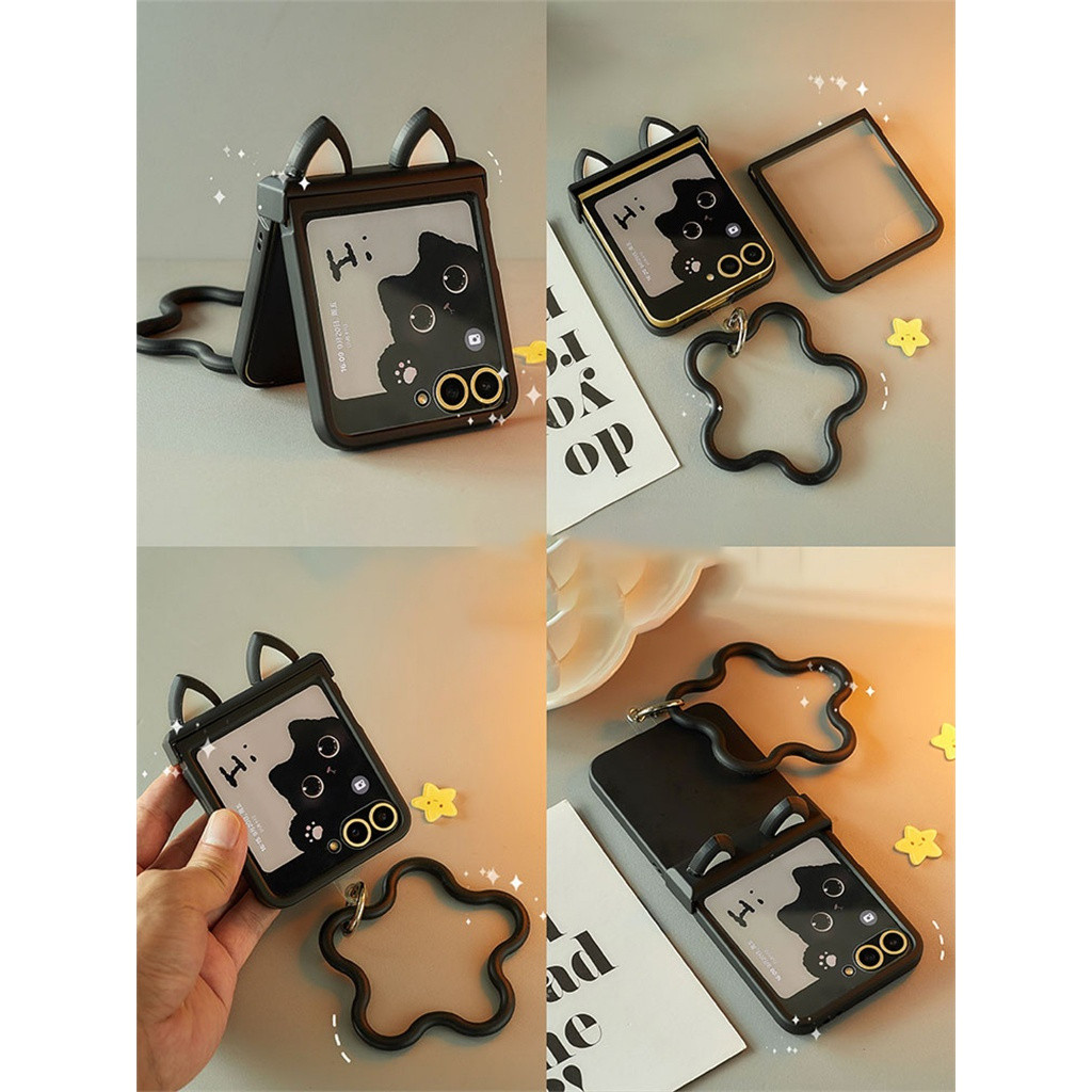 น่ารัก Big Vision หน้าต่างหูแมวสีทึบสีดําเคสโทรศัพท์พร้อมป้องกันหน้าจอ Star สร้อยข้อมือสําหรับ Samsung Galaxy Z Flip 5 6 Z Flip6 Zflip6 Zflip5 กันกระแทกปกหลังmanha