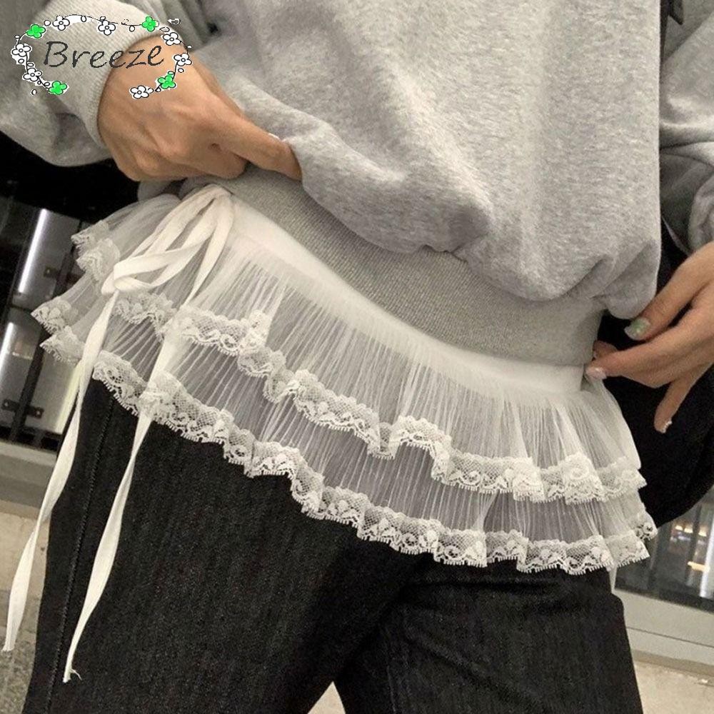 BREEZE Lace Up Ruffles กระโปรง, Y2K Streetwear ปักดอกไม้ลูกไม้กระโปรงมินิ,ดูผ่าน Harajuku จีบกระโปรงกางเกงยีนส์ตกแต่ง