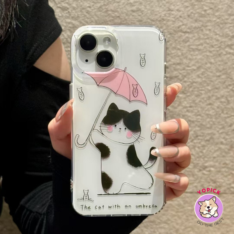 ร่มการ์ตูนแมวเคสโทรศัพท์สําหรับiPhone 11 12Pro 13 14Plus 15Pro Max 16Plus 16Pro XR XS Max 7 8Plusพร้อมโซ่สุนัขCreative Girlฝาครอบโทรศัพท์BB