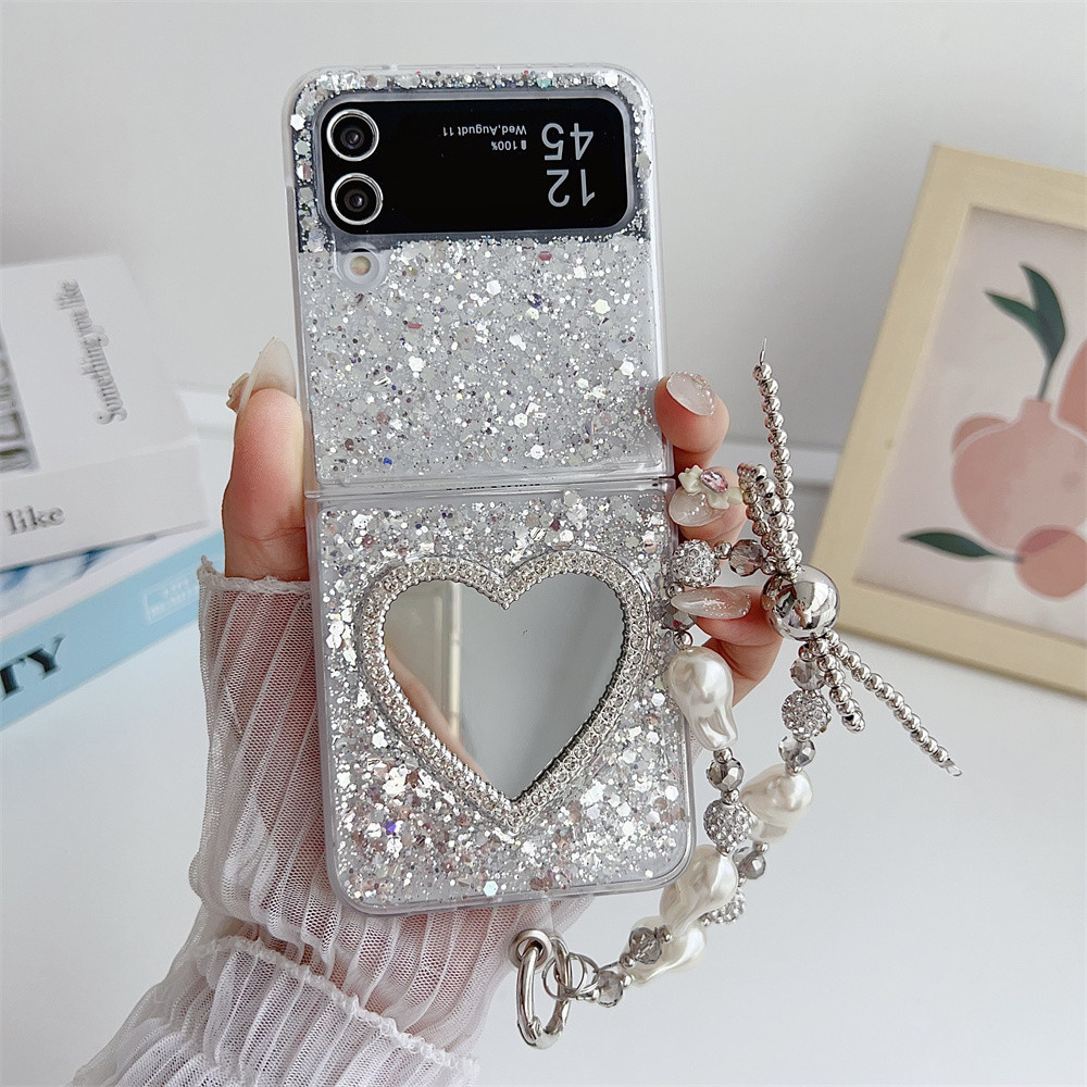 SAMSUNG หรูหราเลเซอร์หัวใจรักแต่งหน้ากระจกG Litterเงินฟอยล์ปลอกใสสําหรับSamsung Galaxy Zพลิก 5 Zพลิก 3 Zพลิก 4 Z Flip 6 โปร่งใสอีพ็อกซี่ป้องกันกันกระแทกกรณีmanh