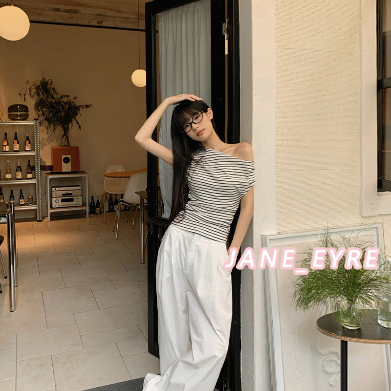 เสื้อเปิดไหล่ แขนสั้น เสื้อยืด สาวฮอต เข้ารูป นักเรียน ลายทาง เสื้อตัวบน JN - รูปที่ 3