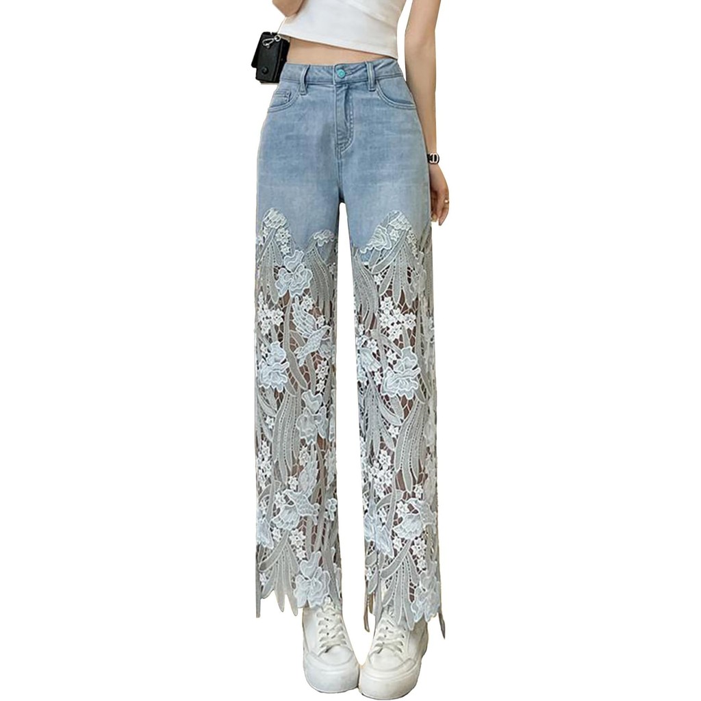 กางเกงผ้ายีนส์ลูกไม้สุภาพสตรีเอวสูงกลวงไม่สมมาตรดอกไม้เย็บฉีกตรงกางเกงยีนส์