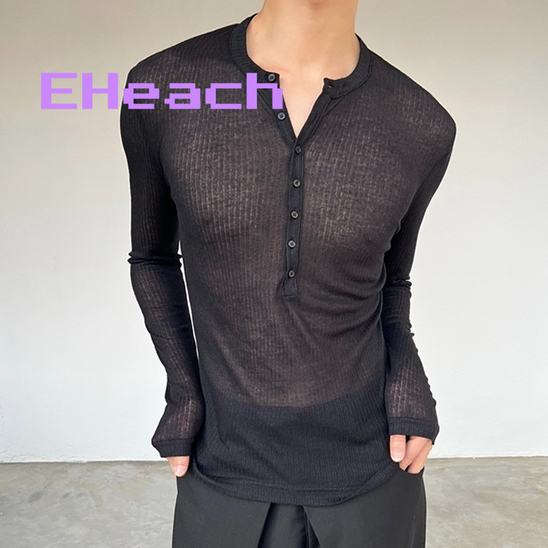 EHeach Spring Summer Thin Sheer Henley Neck Long Sleeve Top with Button Detail
