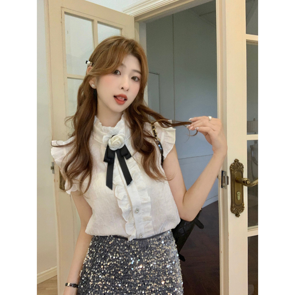 ฝรั่งเศสแขนบินขนาดเล็กเสื้อเชิ้ตสีขาวสำหรับผู้หญิงฤดูร้อน 设计独特的短袖上衣