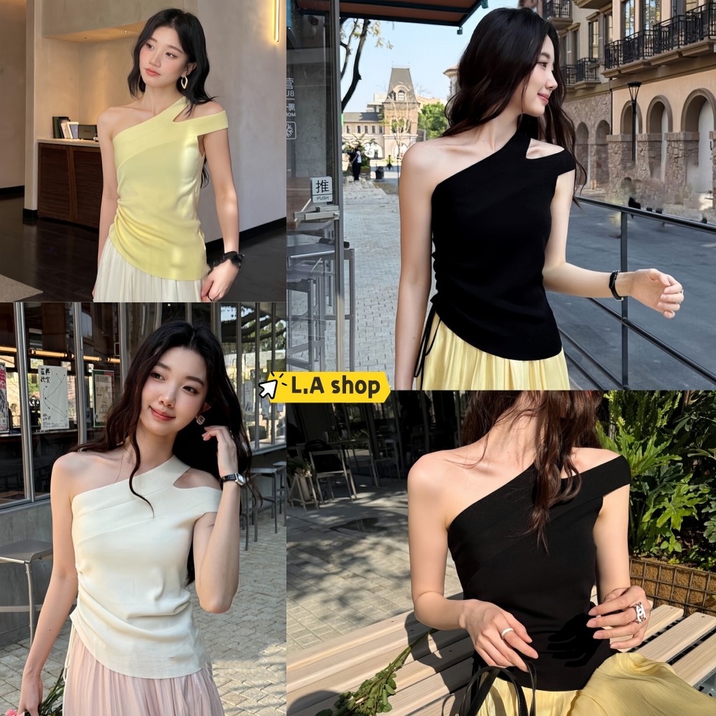 L.A Shop★สไตล์ใหม่★ เสื้อกั๊กถักเปิดไหล่สไตล์การออกแบบฤดูร้อนพร้อมอารมณ์จีบและเข็มขัดสลิมมิ่ง"YR051"