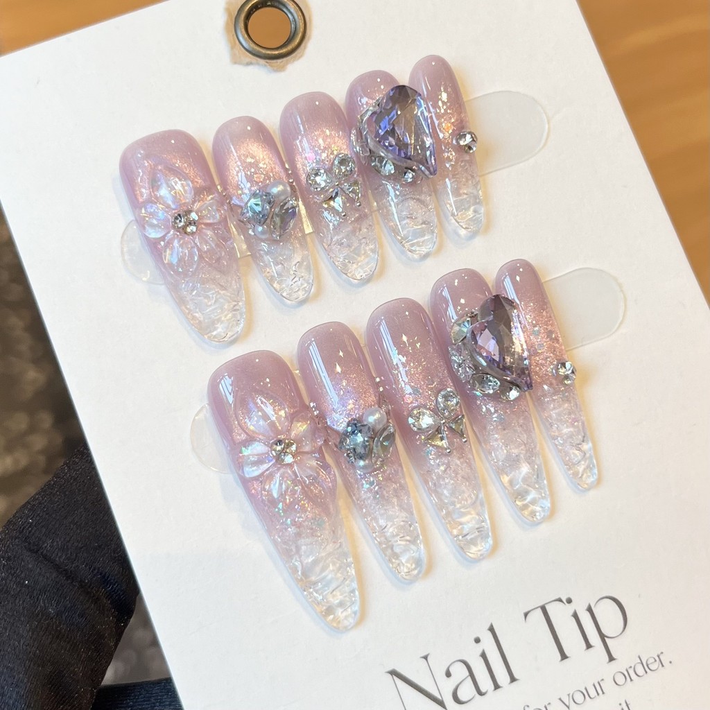 ชุดเครื่องมือ 5in1+ทำมือ] เล็บปลอมแบบกด ไล่ระดับสีอเมทิสต์ ลายตาแมว แกะสลัก แพทช์เล็บปลอม ใช้ซ้ำได้
