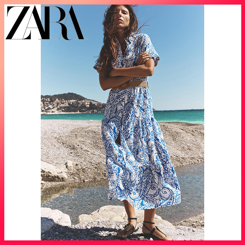ZARA ฤดูร้อนสินค้าใหม่สำหรับผู้หญิง ชุดเสื้อผ้าฝ้ายพิมพ์พร้อมเข็มขัด