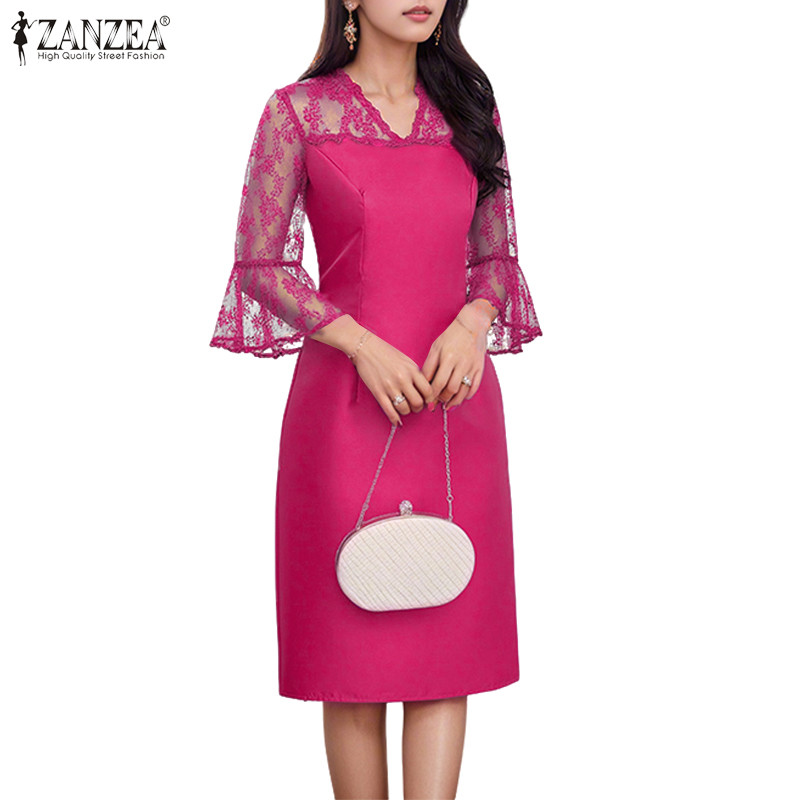 ZANZEA ผู้หญิงเกาหลี Elegant V คอ Flare Sleeve ลูกไม้โครเชต์ สปlicing ซาติน Bodycon ชุด