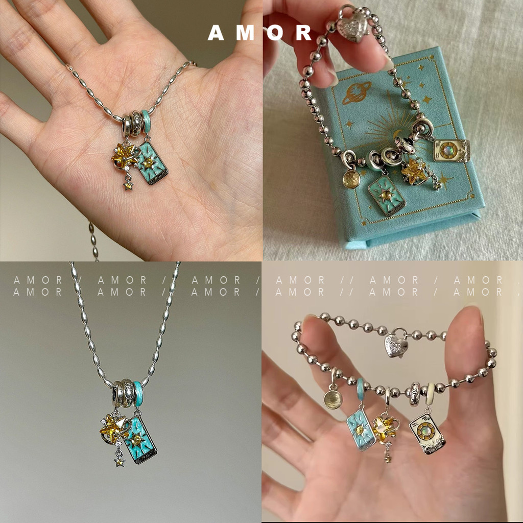 Blue Enamel Tarot Sun Moon Star Vintage Pendant Necklace Choker Bracelet Set for Women