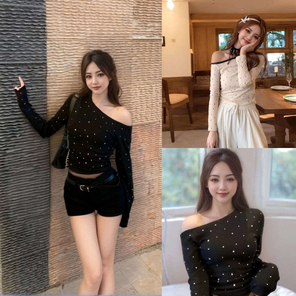 เสื้อยืดแขนยาวผู้หญิงทรงเข้ารูป ดีไซน์เปิดไหล่สุดคิวต์ ใส่แล้วดูเกาหลีมากๆ