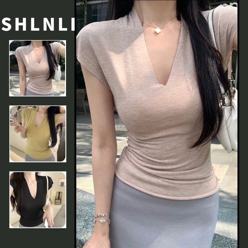 เสื้อยืดแขนสั้นเปิดไหล่รัดรูปคอวีสําหรับผู้หญิงฤดูร้อนสีทึบเรียบง่ายลําลองอเนกประสงค์ด้านบน