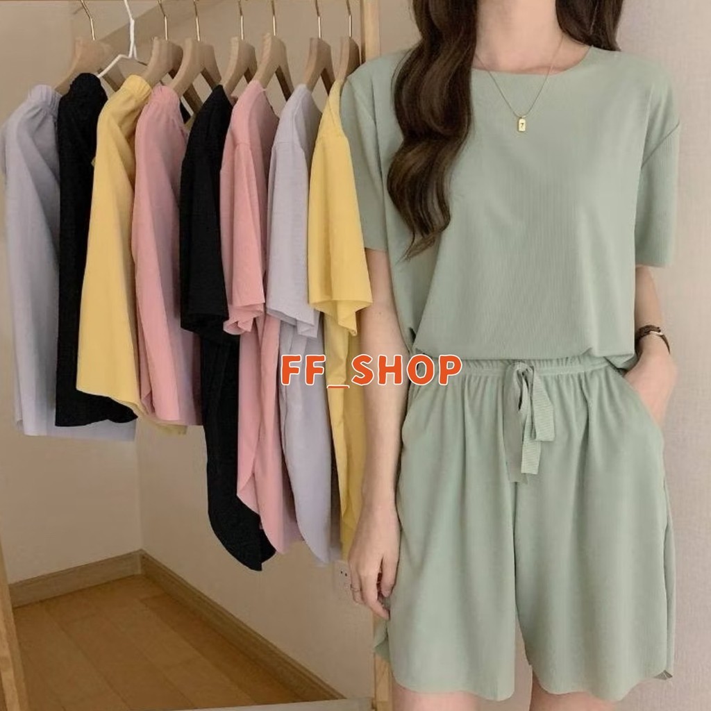🛒FF.shop🛒🐰 Set shirt pants 🥕 เสื้อแขนสั้น กางเกงขาสั้น ชุดผ้าร่อง สีพื้น ผ้าลื่นนิ่มเด้ง ใส่สบาย #6002