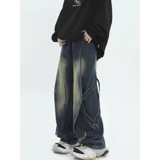 56MEN กางเกงยีนส์ขายาวผู้ชาย Jeans G61 กางเกงยีนส์แต่งสาย Y2K streetwear วินเทจ