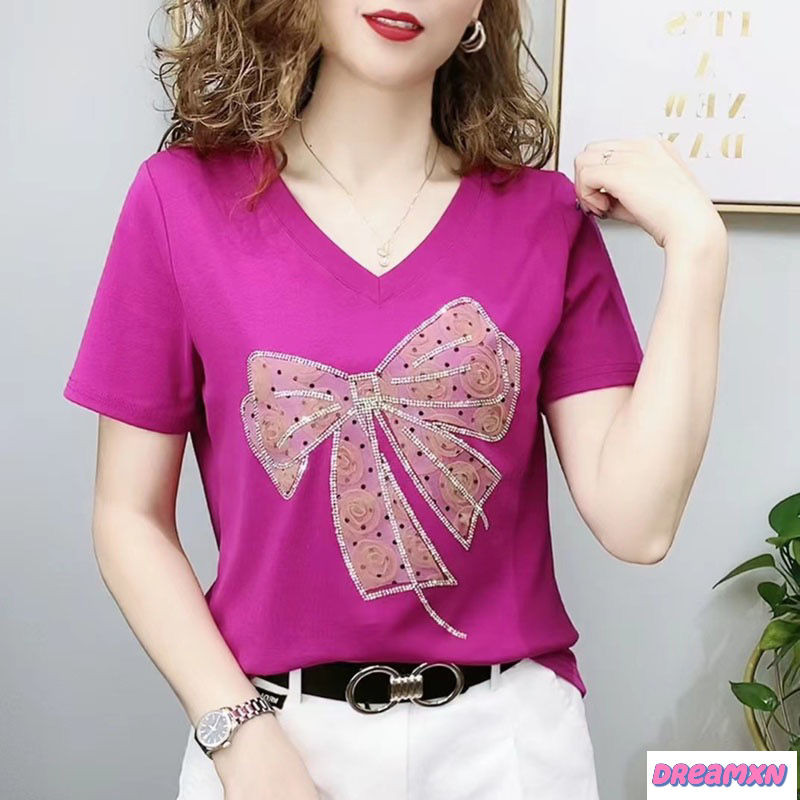 เสื้อคอวีขนาดบวกผู้หญิงฤดูร้อนพิมพ์เหล็กเพชรแขนสั้นเสื้อยืด